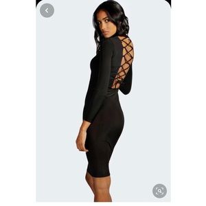 Boohoo Lace Up Back Slinky High Neck Midi Dress
